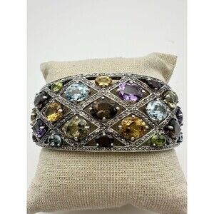 925 STERLING SILVER MULTI GEMSTONE WIDE HEAVY HINGED CUFF BRACELET 50 GR